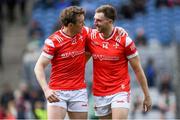 28 April 2024; Bevan Duffy, left, and Sam Mulroy of Louth celebrate after their side's victory in the Leinster GAA Football Senior Championship semi-final match between Kildare and Louth at Croke Park in Dublin. Photo by Shauna Clinton/Sportsfile