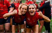 28 April 2024; UL Bohemian players Muirne Wall, left, and Stephanie Nunan celebrate after their side's victory in the Energia All-Ireland League Women's Division 1 final match between UL Bohemian and Railway Union at the Aviva Stadium in Dublin. Photo by Seb Daly/Sportsfile