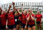 28 April 2024; UL Bohemian players, including Muirne Wall, centre, and Stephanie Nunan, right, celebrate after their side's victory induring the Energia All-Ireland League Women's Division 1 final match between UL Bohemian and Railway Union at the Aviva Stadium in Dublin. Photo by Seb Daly/Sportsfile