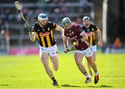 28 April 2024; Evan Niland of Galway in action against Huw Lawlor of Kilkenny during the Leinster GAA Hurling Senior Championship Round 2 match between Galway and Kilkenny at Pearse Stadium in Galway. Photo by David Fitzgerald/Sportsfile