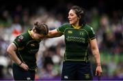 28 April 2024; Railway Union players Emily Gavin, left, and Lindsay Peat after their side's defeat in the Energia All-Ireland League Women's Division 1 final match between UL Bohemian and Railway Union at the Aviva Stadium in Dublin. Photo by Seb Daly/Sportsfile