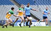 28 April 2024; James McCarthy of Dublin in action against John Furlong, left, and Keith O'Neill of Offaly during the Leinster GAA Football Senior Championship semi-final match between Dublin and Offaly at Croke Park in Dublin. Photo by Piaras Ó Mídheach/Sportsfile