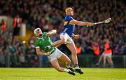28 April 2024; Ronan Maher of Tipperary and Aaron Gillane of Limerick contest a dropping ball during the Munster GAA Hurling Senior Championship Round 2 match between Limerick and Tipperary at TUS Gaelic Grounds in Limerick. Photo by Brendan Moran/Sportsfile