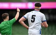 28 April 2024; John Forde of Cork Constitution is shown a red card by referee Andrew Cole during the Energia All-Ireland League Men's Division 1A final match between Terenure College and Cork Constitution at the Aviva Stadium in Dublin. Photo by Seb Daly/Sportsfile