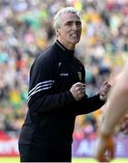 28 April 2024; Donegal manager Jim McGuinness celebrates at the final whistle of the Ulster GAA Football Senior Championship semi-final match between Donegal and Tyrone at Celtic Park in Derry. Photo by Stephen McCarthy/Sportsfile