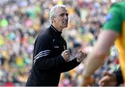 28 April 2024; Donegal manager Jim McGuinness celebrates at the final whistle of the Ulster GAA Football Senior Championship semi-final match between Donegal and Tyrone at Celtic Park in Derry. Photo by Stephen McCarthy/Sportsfile