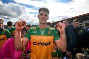 28 April 2024; Michael Langan of Donegal celebrates after the Ulster GAA Football Senior Championship semi-final match between Donegal and Tyrone at Celtic Park in Derry. Photo by Stephen McCarthy/Sportsfile