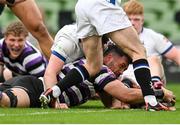28 April 2024; Jordan Coghlan of Terenure College scores his side's first try during the Energia All-Ireland League Men's Division 1A final match between Terenure College and Cork Constitution at the Aviva Stadium in Dublin. Photo by Seb Daly/Sportsfile