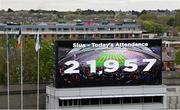 28 April 2024; The official attendance of 21,957 is shown on a big screen at half-time during the Leinster GAA Football Senior Championship semi-final match between Dublin and Offaly at Croke Park in Dublin. Photo by Piaras Ó Mídheach/Sportsfile