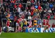 28 April 2024; Players from both side's jostle near the end of the Munster GAA Hurling Senior Championship Round 2 match between Cork and Clare at SuperValu Páirc Ui Chaoimh in Cork. Photo by Ray McManus/Sportsfile