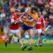 28 April 2024; Mark Coleman of Cork is tackled by David Fitzgerald during the Munster GAA Hurling Senior Championship Round 2 match between Cork and Clare at SuperValu Páirc Ui Chaoimh in Cork. Photo by Ray McManus/Sportsfile