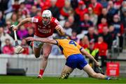 28 April 2024; Patrick Horgan of Cork is tackled by Rory Hayes of Clare during the Munster GAA Hurling Senior Championship Round 2 match between Cork and Clare at SuperValu Páirc Ui Chaoimh in Cork. Photo by Ray McManus/Sportsfile