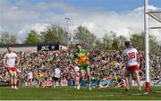 28 April 2024; Hugh McFadden of Donegal celebrates a Donegal point during the Ulster GAA Football Senior Championship semi-final match between Donegal and Tyrone at Celtic Park in Derry. Photo by Stephen McCarthy/Sportsfile