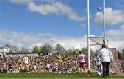 28 April 2024; Hugh McFadden of Donegal celebrates a Donegal point during the Ulster GAA Football Senior Championship semi-final match between Donegal and Tyrone at Celtic Park in Derry. Photo by Stephen McCarthy/Sportsfile