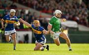 28 April 2024; Aaron Gillane of Limerick is tackled by Ronan Maher of Tipperary during the Munster GAA Hurling Senior Championship Round 2 match between Limerick and Tipperary at TUS Gaelic Grounds in Limerick. Photo by Brendan Moran/Sportsfile