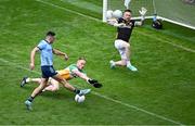 28 April 2024; Niall Scully of Dublin shoots to score his side's second goal under pressure from Declan Hogan of Offaly and Offaly goalkeeper Ian Duffy during the Leinster GAA Football Senior Championship semi-final match between Dublin and Offaly at Croke Park in Dublin. Photo by Piaras Ó Mídheach/Sportsfile