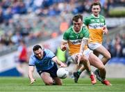 28 April 2024; Jack McEvoy of Offaly in action against Colm Basquel of Dublin during the Leinster GAA Football Senior Championship semi-final match between Dublin and Offaly at Croke Park in Dublin. Photo by Piaras Ó Mídheach/Sportsfile