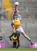 28 April 2024; Jordan Hayes of Offaly in action against Eoin Murchan of Dublin during the Leinster GAA Football Senior Championship semi-final match between Dublin and Offaly at Croke Park in Dublin. Photo by Shauna Clinton/Sportsfile