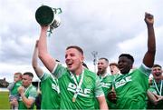 28 April 2024; Ryan Connor of Glebe North lifts the cup after the FAI Intermediate Cup Final between Glebe North FC of the Leinster Senior League and Ringmahon Rangers FC of the Munster Senior League at Weaver's Park in Drogheda, Louth. Photo by Ben McShane/Sportsfile