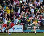 28 April 2024; Patrick McBrearty of Donegal kicks the game's final score, a point, during the Ulster GAA Football Senior Championship semi-final match between Donegal and Tyrone at Celtic Park in Derry. Photo by Stephen McCarthy/Sportsfile