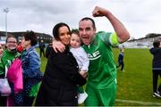 28 April 2024; Glebe North captain Noel Barrett celebrates with his partner Nicola and daughter Maisie, age 1, after the FAI Intermediate Cup Final between Glebe North FC of the Leinster Senior League and Ringmahon Rangers FC of the Munster Senior League at Weaver's Park in Drogheda, Louth. Photo by Ben McShane/Sportsfile
