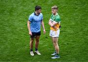 28 April 2024; Lorcan O'Dell of Dublin and Jack Bryant of Offaly after the Leinster GAA Football Senior Championship semi-final match between Dublin and Offaly at Croke Park in Dublin. Photo by Piaras Ó Mídheach/Sportsfile