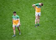 28 April 2024; Offaly players David Dempsey, right, and Cathal Flynn after their side's defeat in the Leinster GAA Football Senior Championship semi-final match between Dublin and Offaly at Croke Park in Dublin. Photo by Piaras Ó Mídheach/Sportsfile