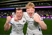 28 April 2024; Cork Constitution players Rob Hedderman, left, and Ronan O’Sullivan celebrate after their side's victory in the Energia All-Ireland League Men's Division 1A final match between Terenure College and Cork Constitution at the Aviva Stadium in Dublin. Photo by Seb Daly/Sportsfile