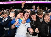 28 April 2024; Daniel Hurley of Cork Constitution celebrates with supporters after their side's victory in the Energia All-Ireland League Men's Division 1A final match between Terenure College and Cork Constitution at the Aviva Stadium in Dublin. Photo by Seb Daly/Sportsfile