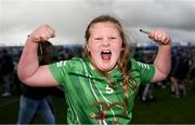 28 April 2024; Limerick supporter Caomihe Glennon from Athea celebrates after the Munster GAA Hurling Senior Championship Round 2 match between Limerick and Tipperary at TUS Gaelic Grounds in Limerick. Photo by Tom Beary/Sportsfile