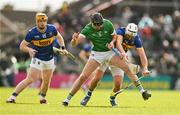 28 April 2024; Diarmaid Byrnes of Limerick in action against Patrick Maher of Tipperary during the Munster GAA Hurling Senior Championship Round 2 match between Limerick and Tipperary at TUS Gaelic Grounds in Limerick. Photo by Brendan Moran/Sportsfile