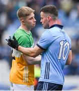 28 April 2024; Ross McGarry of Dublin and Lee Pearson of Offaly shake hands after the Leinster GAA Football Senior Championship semi-final match between Dublin and Offaly at Croke Park in Dublin. Photo by Shauna Clinton/Sportsfile