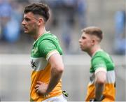 28 April 2024; Eoin Carroll, left, and, Lee Pearson of Offaly after their side's defeat in the Leinster GAA Football Senior Championship semi-final match between Dublin and Offaly at Croke Park in Dublin. Photo by Shauna Clinton/Sportsfile