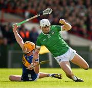 28 April 2024; Aaron Gillane of Limerick is tackled by Ronan Maher of Tipperary during the Munster GAA Hurling Senior Championship Round 2 match between Limerick and Tipperary at TUS Gaelic Grounds in Limerick. Photo by Brendan Moran/Sportsfile