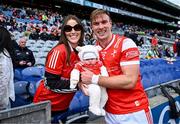 28 April 2024; Conor Grimes of Louth with wife Jayne and their 7 week old daughter Izzy after victory in the Leinster GAA Football Senior Championship semi-final match between Kildare and Louth at Croke Park in Dublin. Photo by Piaras Ó Mídheach/Sportsfile