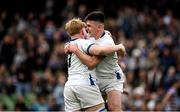 28 April 2024; Cork Constitution players Adam Maher, right, and Ronan O’Sullivan celebrate after their side's victory in the Energia All-Ireland League Men's Division 1A final match between Terenure College and Cork Constitution at the Aviva Stadium in Dublin. Photo by Seb Daly/Sportsfile