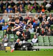 28 April 2024; Aran Egan of Terenure College kicks a conversion during the Energia All-Ireland League Men's Division 1A final match between Terenure College and Cork Constitution at the Aviva Stadium in Dublin. Photo by Seb Daly/Sportsfile