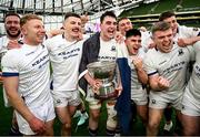 28 April 2024; Cork Constitution captain David Hyland, centre, celebrates with teammates after the Energia All-Ireland League Men's Division 1A final match between Terenure College and Cork Constitution at the Aviva Stadium in Dublin. Photo by Seb Daly/Sportsfile