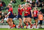 28 April 2024; UL Bohemian players Muirne Wall, left, and Aoife Corey congratulate each other during the Energia All-Ireland League Women's Division 1 final match between UL Bohemian and Railway Union at the Aviva Stadium in Dublin. Photo by Seb Daly/Sportsfile