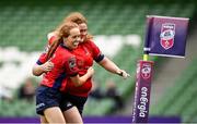 28 April 2024; UL Bohemian players Muirne Wall, left, and Fiona Reidy during the Energia All-Ireland League Women's Division 1 final match between UL Bohemian and Railway Union at the Aviva Stadium in Dublin. Photo by Seb Daly/Sportsfile