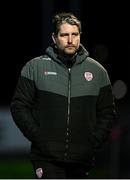 5 April 2024; Derry City manager Ruaidhrí Higgins during the SSE Airtricity Men's Premier Division match between Derry City and Dundalk at The Ryan McBride Brandywell Stadium in Derry. Photo by Ramsey Cardy/Sportsfile