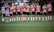 5 April 2024; The Derry City team, from left, Paul McMullan, Brian Maher, Adam O'Reilly, Ronan Boyce, Mark Connolly, Michael Duffy, Cameron McJannet, Ciarán Coll, Danny Mullen and Will Patching before the SSE Airtricity Men's Premier Division match between Derry City and Dundalk at The Ryan McBride Brandywell Stadium in Derry. Photo by Ramsey Cardy/Sportsfile