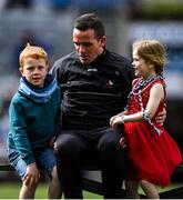 28 April 2024; Louth manager Ger Brennan with his children Patrick and Aoibheann after the Leinster GAA Football Senior Championship semi-final match between Kildare and Louth at Croke Park in Dublin. Photo by Shauna Clinton/Sportsfile