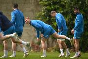 29 April 2024; Ciarán Frawley and Ross Byrne, right, during Leinster rugby squad training at UCD in Dublin. Photo by Brendan Moran/Sportsfile