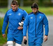 29 April 2024; Ross Byrne, right, and Ross Molony arrive for Leinster rugby squad training at UCD in Dublin. Photo by Brendan Moran/Sportsfile