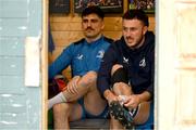 29 April 2024; Jimmy O'Brien, left, and Will Connors before Leinster rugby squad training at UCD in Dublin. Photo by Brendan Moran/Sportsfile