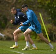 29 April 2024; Jimmy O'Brien, right, and Jordan Larmour during Leinster rugby squad training at UCD in Dublin. Photo by Brendan Moran/Sportsfile