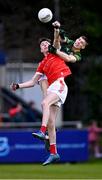 29 April 2024; Dara McDonnell of Louth in action against Charlie O'Connor of Meath during the EirGrid Leinster GAA Football U20 Championship Final match between Meath and Louth at Parnell Park in Dublin. Photo by Piaras Ó Mídheach/Sportsfile