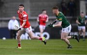 29 April 2024; Aaron McGlew of Louth in action against Killian Smyth of Meath during the EirGrid Leinster GAA Football U20 Championship Final match between Meath and Louth at Parnell Park in Dublin. Photo by Piaras Ó Mídheach/Sportsfile