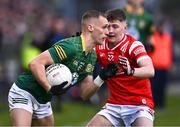 29 April 2024; John O'Regan of Meath in action against Ronan Deery of Louth during the EirGrid Leinster GAA Football U20 Championship Final match between Meath and Louth at Parnell Park in Dublin. Photo by Piaras Ó Mídheach/Sportsfile
